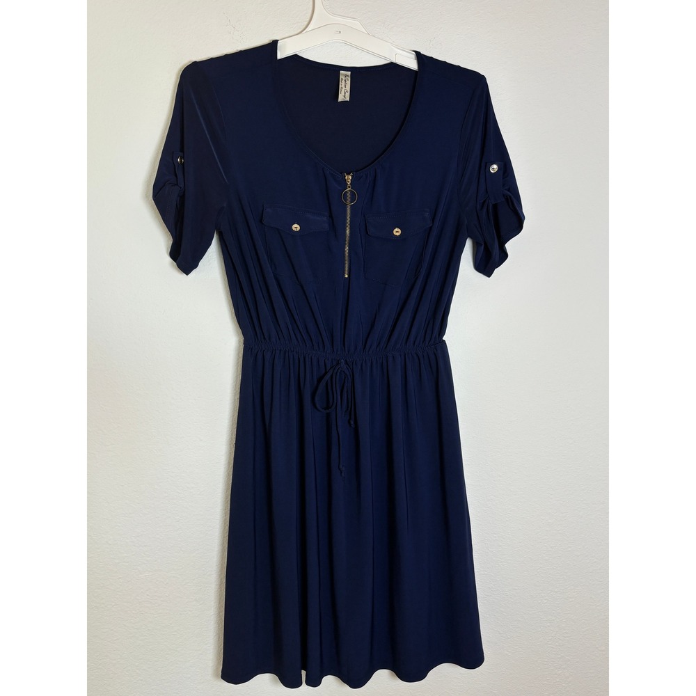 PerSeption Concept Navy Blue Zip Front Elastic Waist Dress Medium